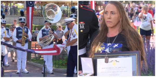 Navy entrega medalla en Disneyland California a madre de soldado caído en Afganistán