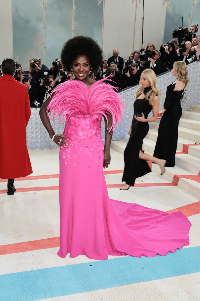 Viola Davis attends The 2023 Met Gala in a pink gown