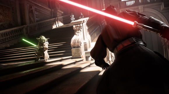 "Star Wars Battlefront 2" game screenshot depicting characters engaging in a lightsaber duel.