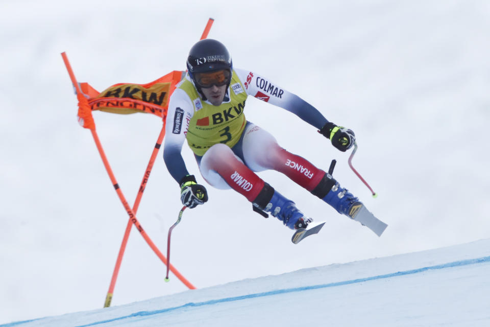 France's Victor Muffat Jeandet competes during the first run of an alpine ski, men's World Cup combined in Wengen, Switzerland, Friday, Jan. 17, 2020. (AP Photo/Gabriele Facciotti)