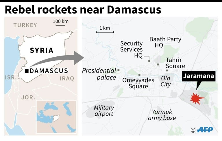 Map locating Jaramana in Syria, where rebel rockets smashed into a local market, killing at least two dozen people