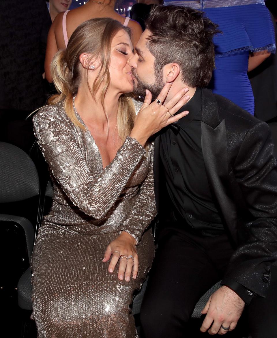 Thomas Rhett (R) and Lauren Gregory Akins attend the 52nd Academy of Country Music Awards at T-Mobile Arena on April 2, 2017 in Las Vegas, Nevada