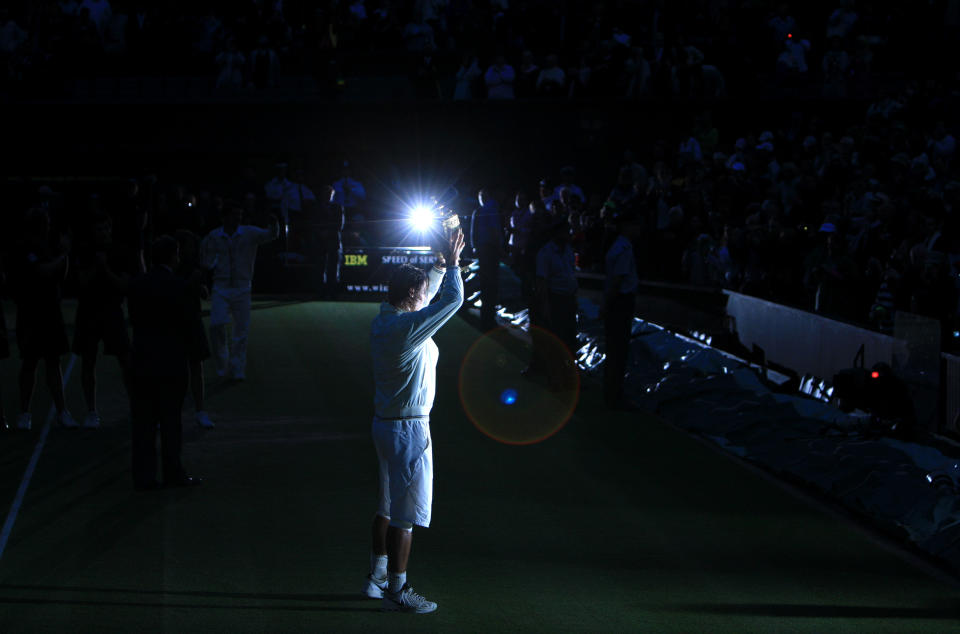 Rafael Nadal celebrates victory against Roger Federer in the mens final  (Photo by Adam Davy - EMPICS/PA Images via Getty Images)