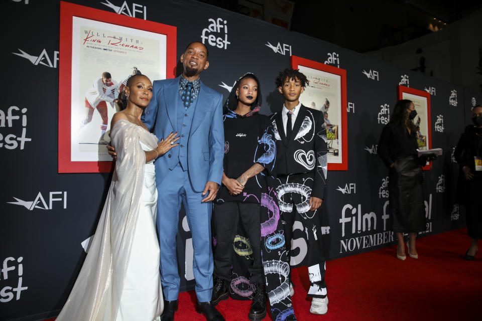 Hollywood, CA - November 14: Jada Pinkett Smith, Will Smith, Willow Smith, and Jaden Smith, from left, on the red carpet at the 2021 AFI Fest Gala Premiere of, King Richard, at the TCL Chinese Theatre, in Hollywood, CA, Sunday, Nov. 14, 2021. The film tells the story of Richard Williams, portrayed by Will Smith, and his raising of daughters Venus and Serena into the tennis champions they have become. (Jay L. Clendenin / Los Angeles Times via Getty Images)