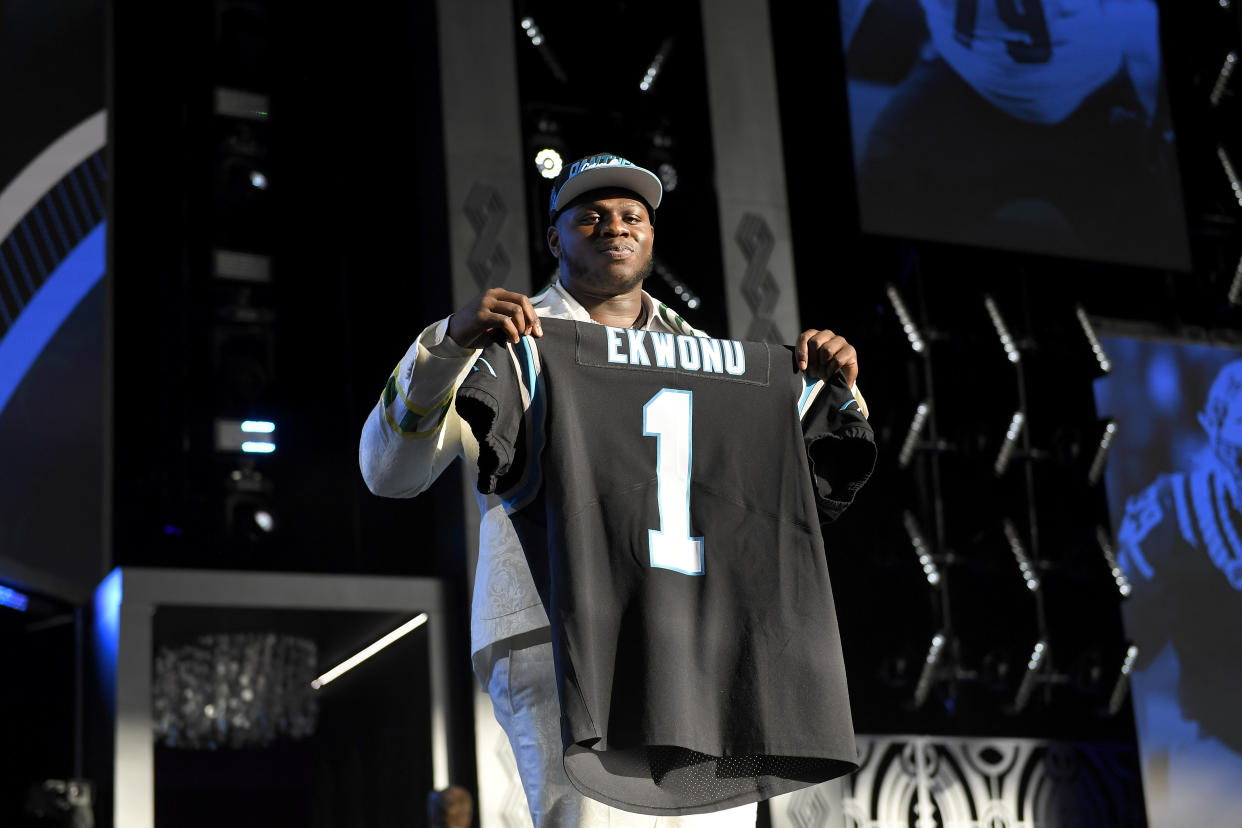 LAS VEGAS, NEVADA - APRIL 28: Ikem Ekwonu poses onstage after being selected sixth by the Carolina Panthers during round one of the 2022 NFL Draft on April 28, 2022 in Las Vegas, Nevada. (Photo by David Becker/Getty Images)