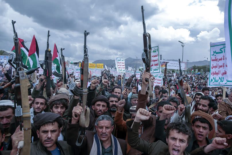 Houthi backers in Sanaa, Yemen, protest marking Jerusalem Day in support of Palestinians in Gaza. 5 April 2024.