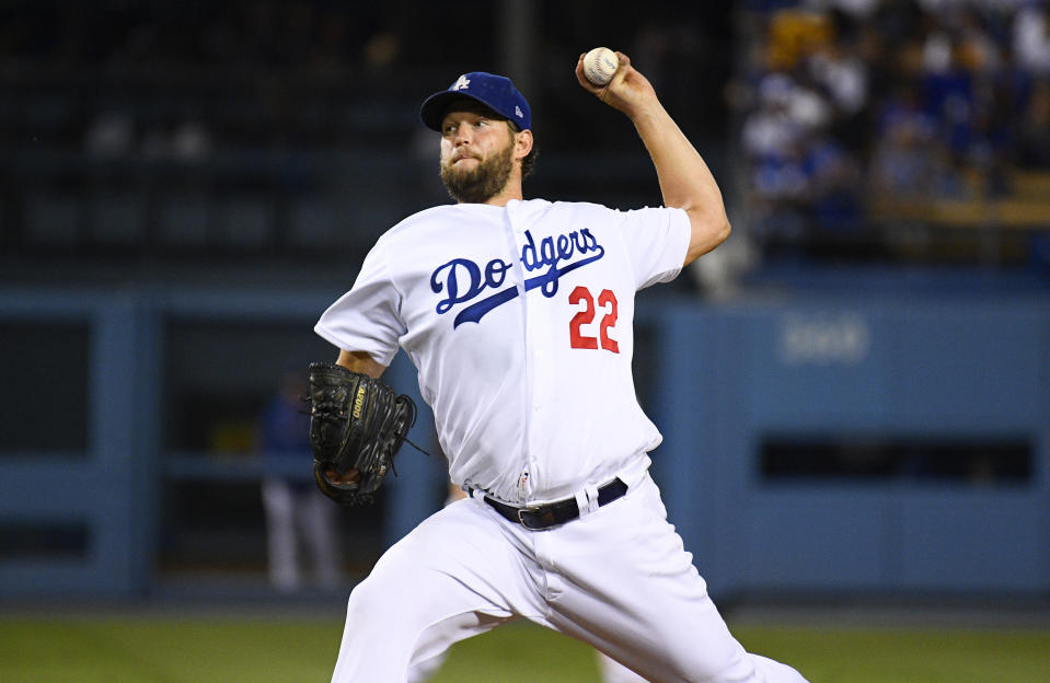 LOS ANGELES, CA - AUGUST 20: Los Angeles Dodgers pitcher Clayton Kershaw (22) throws a pitch during a MLB game between the Toronto Blue Jays and the Los Angeles Dodgers on August 20, 2019 at Dodger Stadium in Los Angeles, CA. (Photo by Brian Rothmuller/Icon Sportswire via Getty Images)