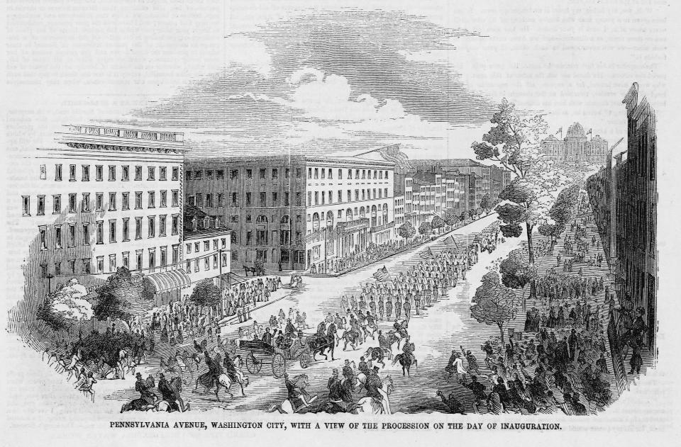 Military units precede Franklin Pierce's carriage down Pennsylvania Avenue during Inauguration Day ceremonies in&nbsp;1853.