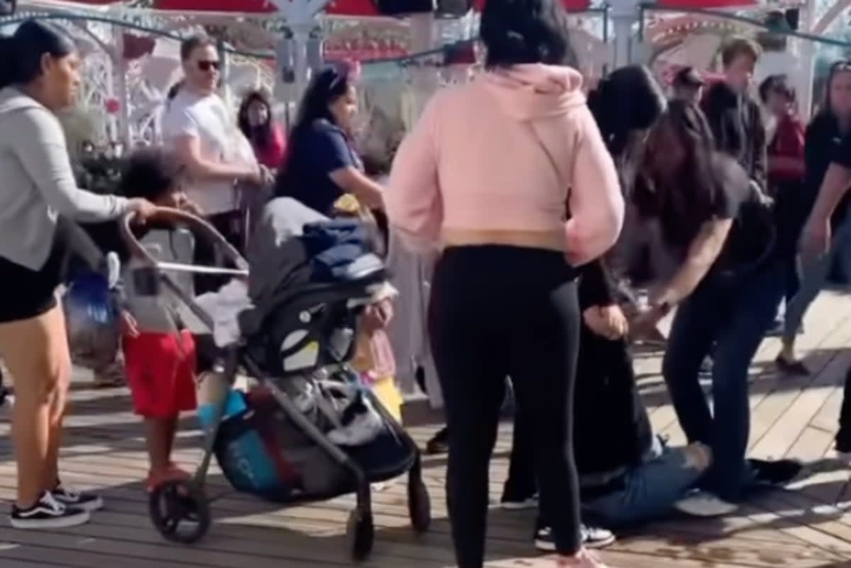 Footage online shows a group of three or four women, one of whom is pushing a stroller, punching and slapping a person on the ground while young children look on  (@7.14layla_/ Instagram)