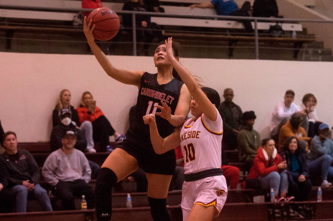 Carondelet (Calif.) High School guard Keisha Vitalicio puts up a shot in the fourth quarter of a basketball game against Lakeside of Seattle at the 2023 Puget Sound Holiday Classic on Monday, Jan. 16, 2023 at the University of Puget Sound Memorial Fieldhouse in Tacoma, Wash.