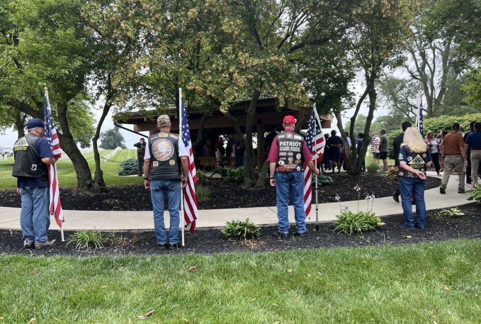 Dozens of people attended the funeral of local Marine veteran James Brooks at the Dayton National Cemetery Thursday. Brooks died at the Dayton VA recently, but had no known family members. (Xavier Hershovitz/Staff)