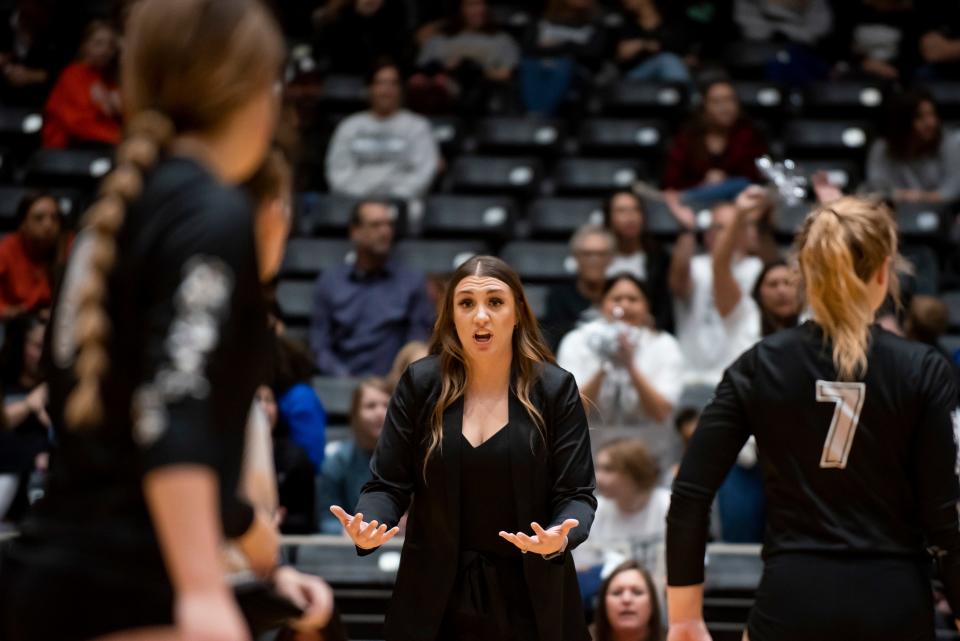 Canyon Randall Head Coach Haleigh Burns instructs her players from the bench during the UIL 4A State Volleyball Championship game between Canyon Randall and Aubrey at the Curtis Culwell Center in Garland, Texas on Saturday, Nov. 19, 2022. (Emil Lippe/For The Amarillo Globe-News)