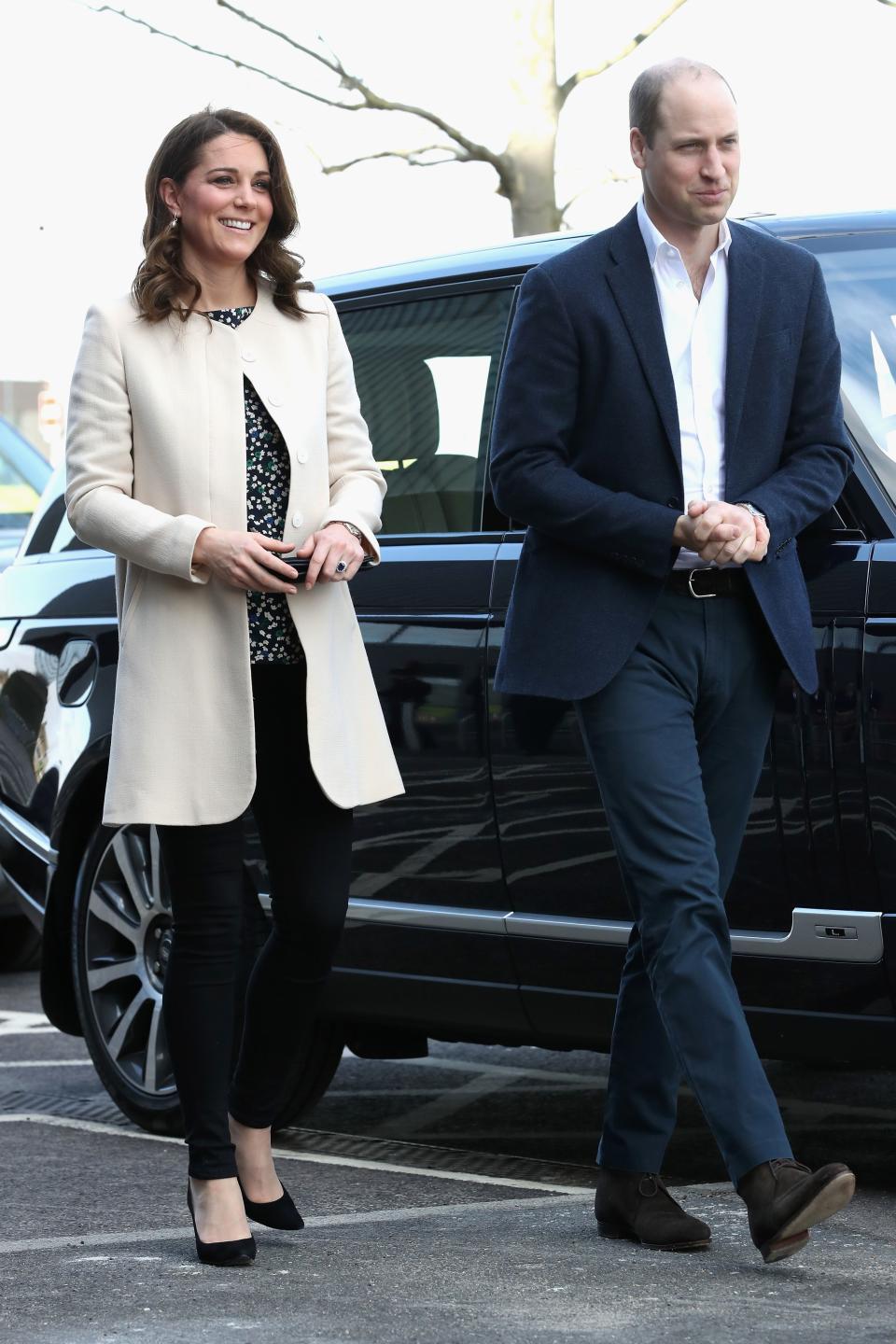 <p>The Duke and Duchess of Cambridge attended a SportsAid event at Olympic Park in Stratford on 22 March. The event marked the 36-year-old’s final royal engagement before preparing to welcome baby number three. For the occasion, the royal donned skinny jeans and her go-to coat by Goat. <em>[Photo: Getty]</em> </p>