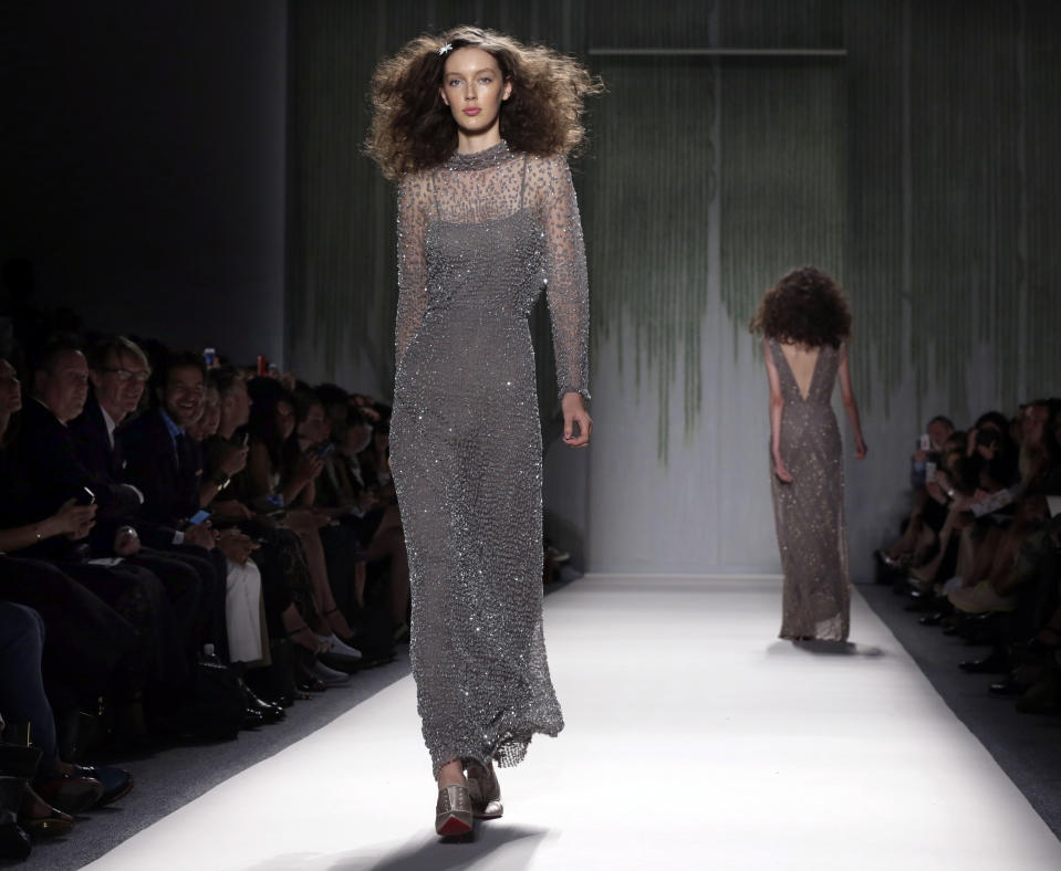 The Jenny Packham Spring 2014 collection is modeled during Fashion Week in New York, Tuesday, Sept. 10, 2013. (AP Photo/Richard Drew)