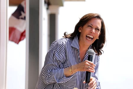 U.S. Senator Kamala Harris speaks during a Fourth of July House Party in Indianola