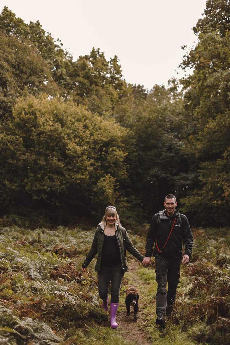 Owen and Laura walking dog Bodhi in October 2020. PA REAL LIFE – MONTANA LEE – @LAKESANDLIGHTPHOTOGRAPHY