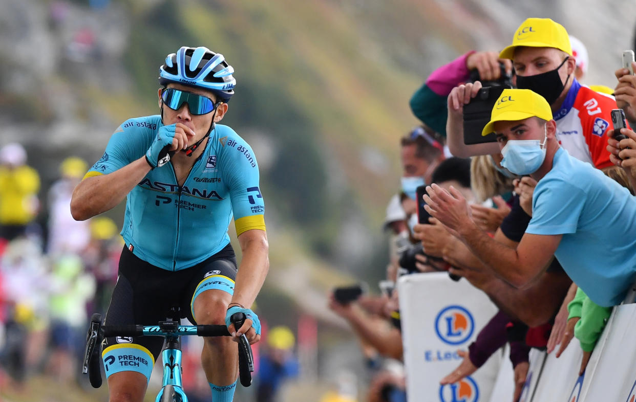 Cycling - Tour de France - Stage 17 - Grenoble to Meribel Col De La Loze - France - September 16, 2020. Astana Pro Team rider Miguel Angel Lopez of Colombia crosses the finish line Pool via REUTERS/Stuart Franklin