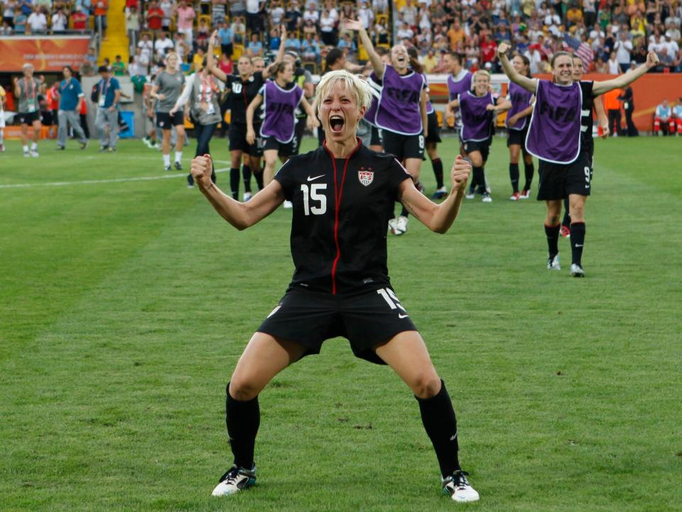 Megan Rapinoe celebrates the USWNT's penalty-kick win over Brazil in the quarterfinals of the 2011 World Cup.