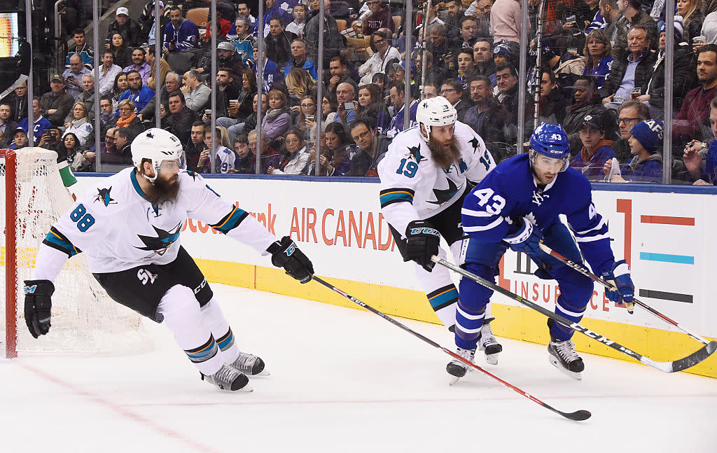 Joe Thornton and Nazem Kadri wouldn’t appear to have much of a rivalry, but that didn’t stop things from getting heating early on Thursday. (Getty Images)