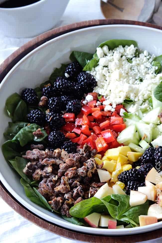 Listen, the rainbow of ingredients in this salad is mouth-watering, but the real star here? The blackberry vinaigrette: sweet blackberry jam mixed with tangy balsamic vinegar and Dijon, a splash of orange juice, honey, olive oil, and a hint of basil. Need I say more? Recipe: Blackberry Honey Walnut Salad 