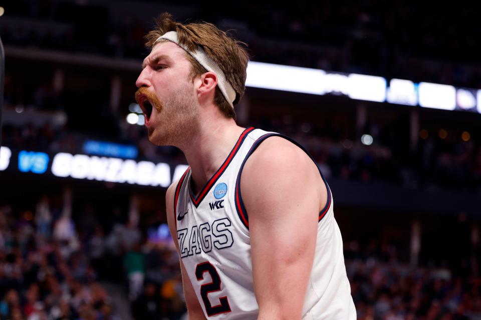 Mar 19, 2023; Denver, CO, USA;  Gonzaga Bulldogs forward Drew Timme (2) celebrates in the first half against the TCU Horned Frogs at Ball Arena. Mandatory Credit: Michael Ciaglo-USA TODAY Sports