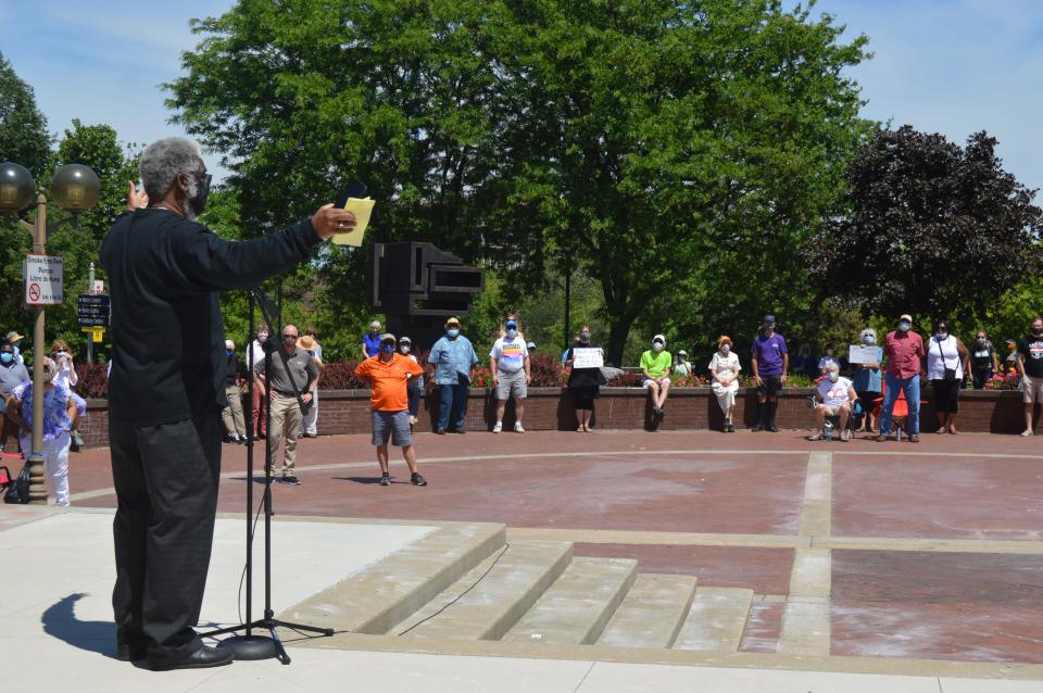 Lynn Coleman speaks at the inaugural Community Prayer for Peace Rally in 2020 at the Jon R. Hunt Memorial Plaza in South Bend. This year's rally will focus on preventing gun violence.
