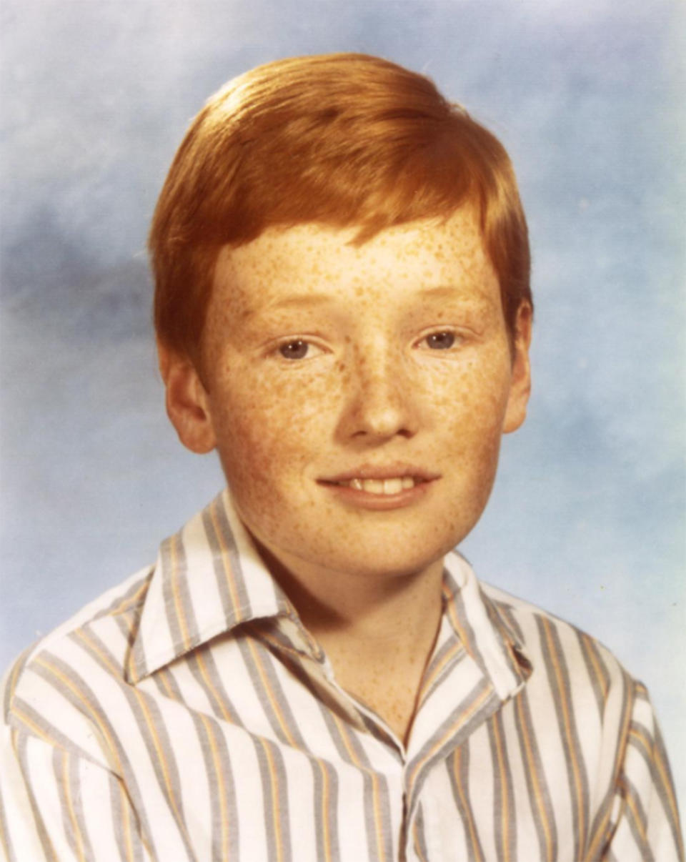 <p>The freckles are too cute in this snapshot of the funnyman. With that background, it was undoubtedly a yearbook photo. (Photo: <a rel="nofollow noopener" href="https://www.instagram.com/p/BZmzgKglrfT/?hl=en&taken-by=teamcoco" target="_blank" data-ylk="slk:Conan O’Brien via Instagram;elm:context_link;itc:0;sec:content-canvas" class="link ">Conan O’Brien via Instagram</a>) </p>