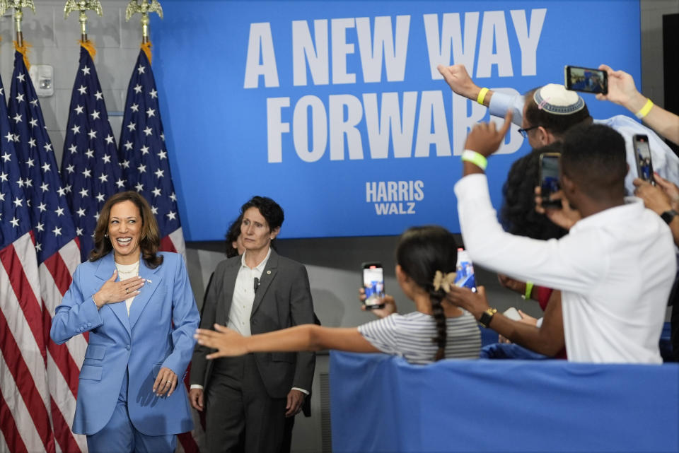 Democratic presidential nominee Vice President Kamala Harris arrives at a campaign event at Hendrick Center for Automotive Excellence on the Scott Northern Wake Campus of Wake Tech Community College in Raleigh, N.C., Friday, Aug. 16, 2024. (AP Photo/Julia Nikhinson)