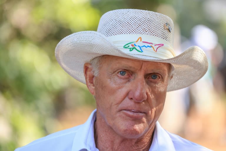 Greg Norman of Australia The Commissioner of the LIV Golf Tour in amongst the patrons during a practice round prior to the 2024 Masters Tournament at Augusta National Golf Club on April 10, 2024 in Augusta, Georgia. (DAVID CANNON)