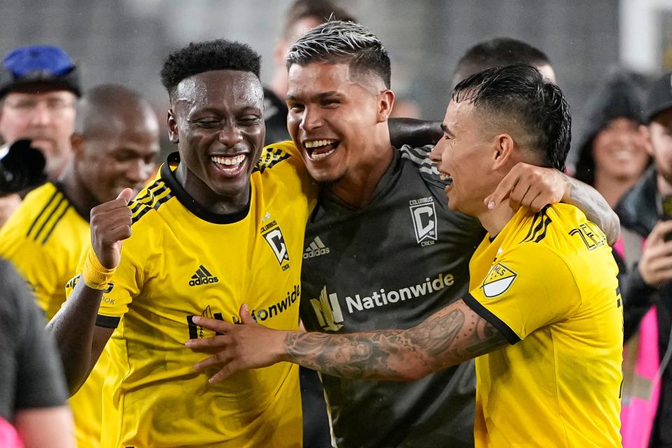 Cucho Hernandez, center, and the Columbus Crew will play six of their next 9 games at home.
