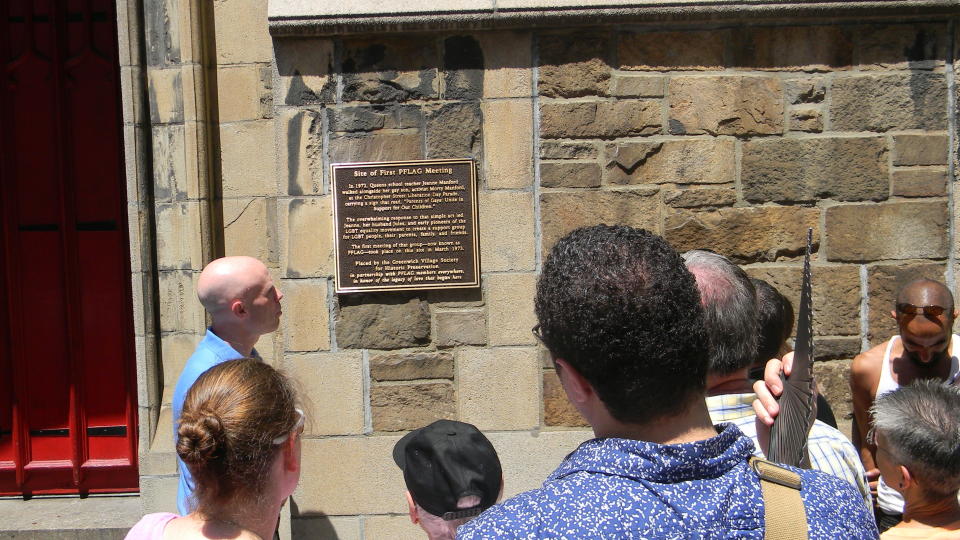 A plaque memorializes the site of the first PFLAG meeting at the Church of the Village on March 11, 1973. (Photo: Courtesy of PFLAG)