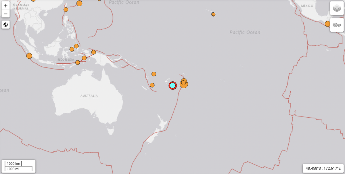Earthquake off the coast of Fiji (USGS/Screenshot)