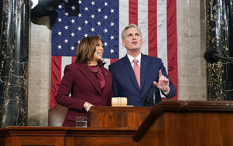 Vice President Harris and Speaker Kevin McCarthy (R-Calif.) talk before President Biden delivers the State of the Union address to a joint session of Congress on Feb. 7. <em>Associated Press/Jacquelyn Martin</em>