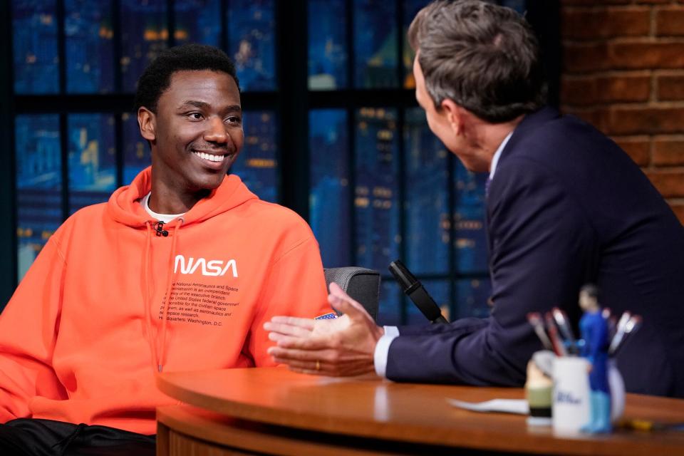 Pictured: (l-r) Actor/comedian Jerrod Carmichael during an interview with host Seth Meyers on September 4, 2018