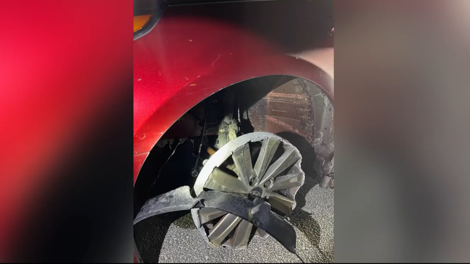 A photo released by the sheriff’s office shows the car was driving on one of its rims when stopped, and the rim was in the process of falling apart.