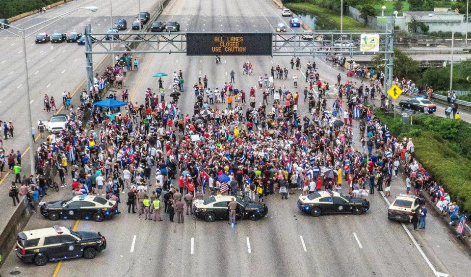 Cuban exiles blocked the Palmetto Expressway north and south bound at Coral Way in support of protesters in Cuba as thousands of Cubans took to the streets in the island to complain about a lack of freedom and a worsening economic situation, on Tuesday 13, 2021.