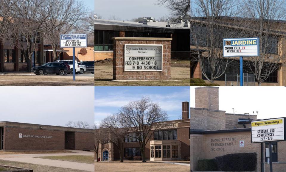 The Wichita school board heard a district staff proposal on Feb. 12, 2024, to close four elementary schools and two middle schools at the end of the semester. Top row: Hadley Middle School, Clark Elementary School and Jardine STEM & Career Explorations Magnet Middle School. Bottom row: Cleaveland College and Career Readiness Magnet Elementary School, Park Elementary and Payne Elementary. Jaime Green and Travis Heying/The Wichita Eagle