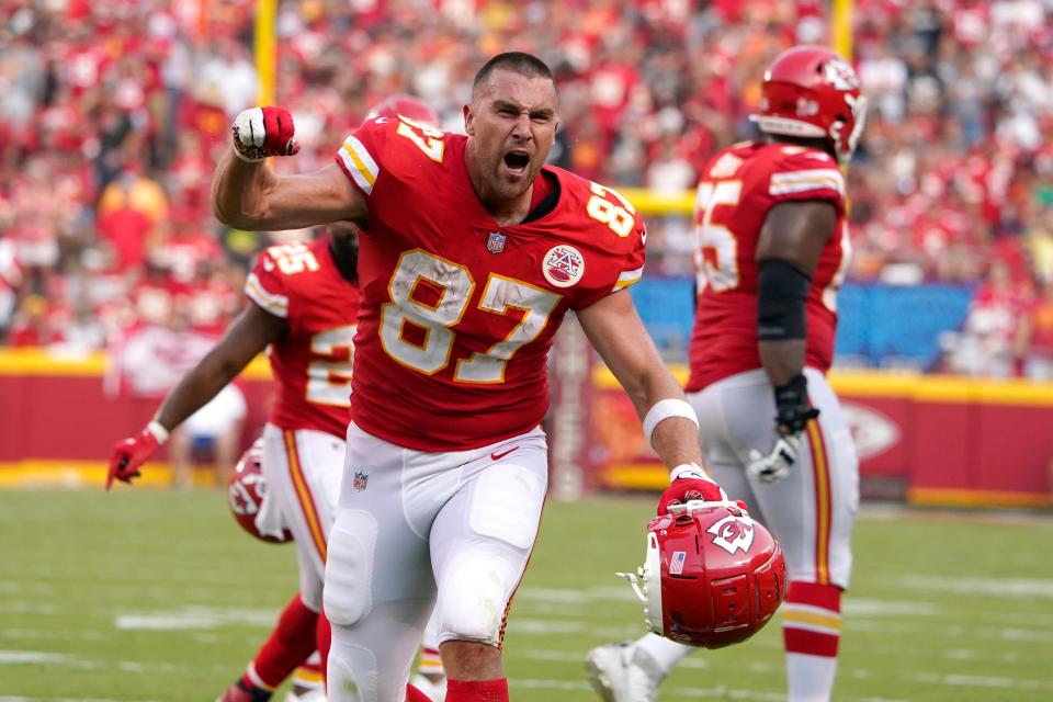 Kansas City Chiefs tight end Travis Kelce celebrates during the second half of an NFL football game against the Cleveland Browns Sunday, Sept. 12, 2021, in Kansas City, Mo. (AP Photo/Ed Zurga)