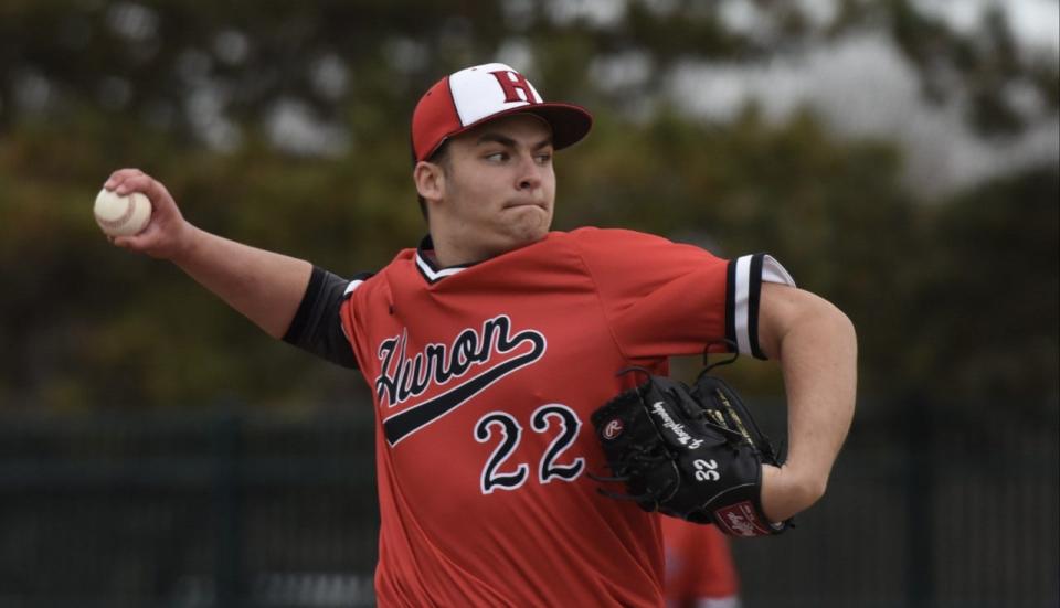 Gavin Moczydlowski pitches for New Boston Huron during a 7-3 win over Airport Friday.