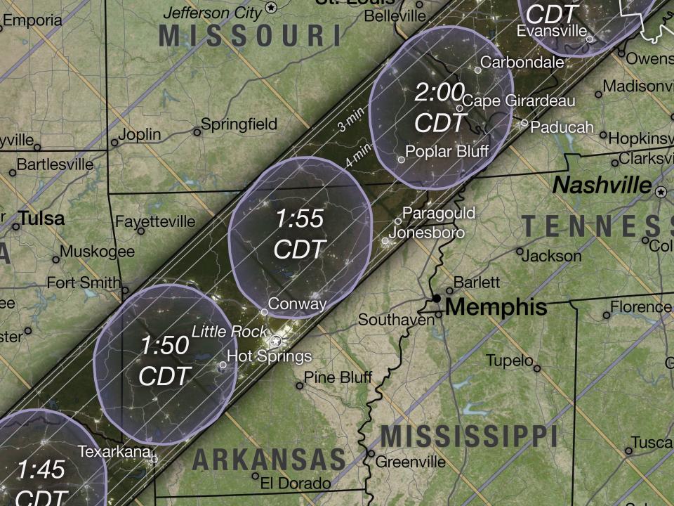 zoomed shot of nasa map shows eclipse shadow running through Arkansas west to northeast, then the southeastern tip of Missouri, then southern Illinois in October 2023