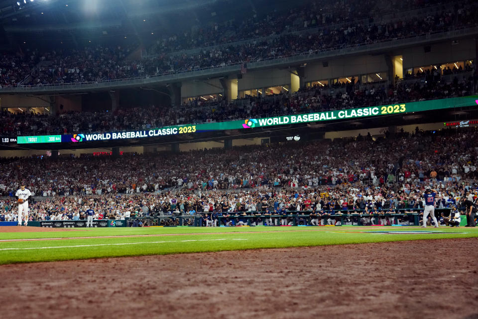 第五屆WBC世界棒球經典賽，冠軍賽由日本隊大谷翔平對決美國隊Mike Trout。（Photo by Mary DeCicco/WBCI/MLB Photos via Getty Images）