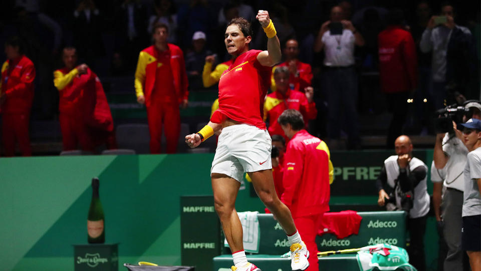 Rafael Nadal celebrates following victory in the match against Karen Khachanov of Russia during Day 2 of the 2019 Davis Cup at La Caja Magica on November 19, 2019 in Madrid, Spain. (Photo by Clive Brunskill/Getty Images)