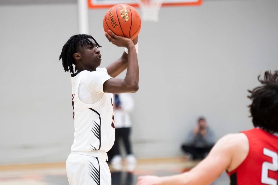 Central York's Ryan Jackson sinks a 3-pointer in the first half of a non-league basketball game against Cumberland Valley Feb. 1, 2024, at Central York High School. The Panthers won, 76-70.