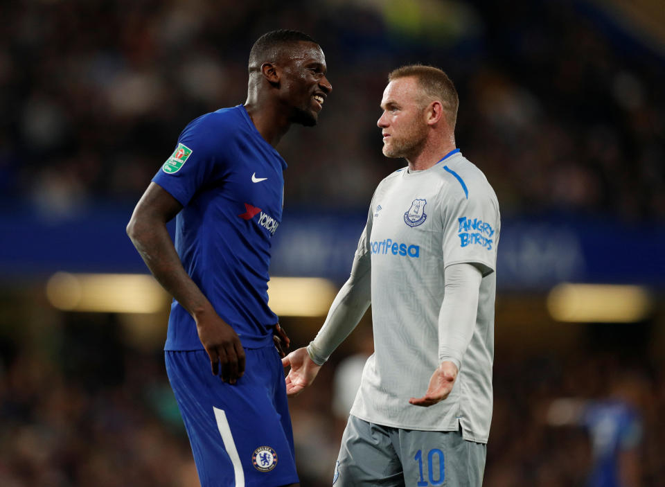 Soccer Football - Carabao Cup Fourth Round - Chelsea vs Everton - Stamford Bridge, London, Britain - October 25, 2017 Everton's Wayne Rooney and Chelsea's Antonio Rudiger Action Images via Reuters/John Sibley EDITORIAL USE ONLY. No use with unauthorized audio, video, data, fixture lists, club/league logos or "live" services. Online in-match use limited to 75 images, no video emulation. No use in betting, games or single club/league/player publications. Please contact your account representative for further details.