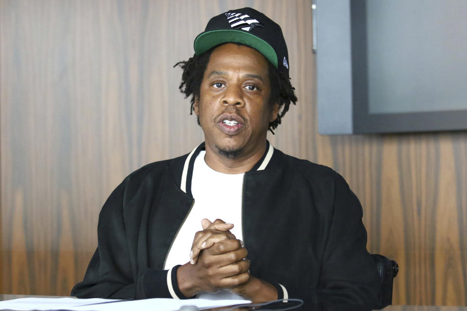 Jay-Z makes an announcement of the launch of Dream Chasers record label in joint venture with Roc Nation, at the Roc Nation headquarters on Tuesday, July 23, 2019, in New York. Meek Mill, the Philadelphia rapper-turned-entrepreneur is launching a new record label in a joint venture with Jay-Z’s Roc Nation. (Photo by Greg Allen/Invision/AP)