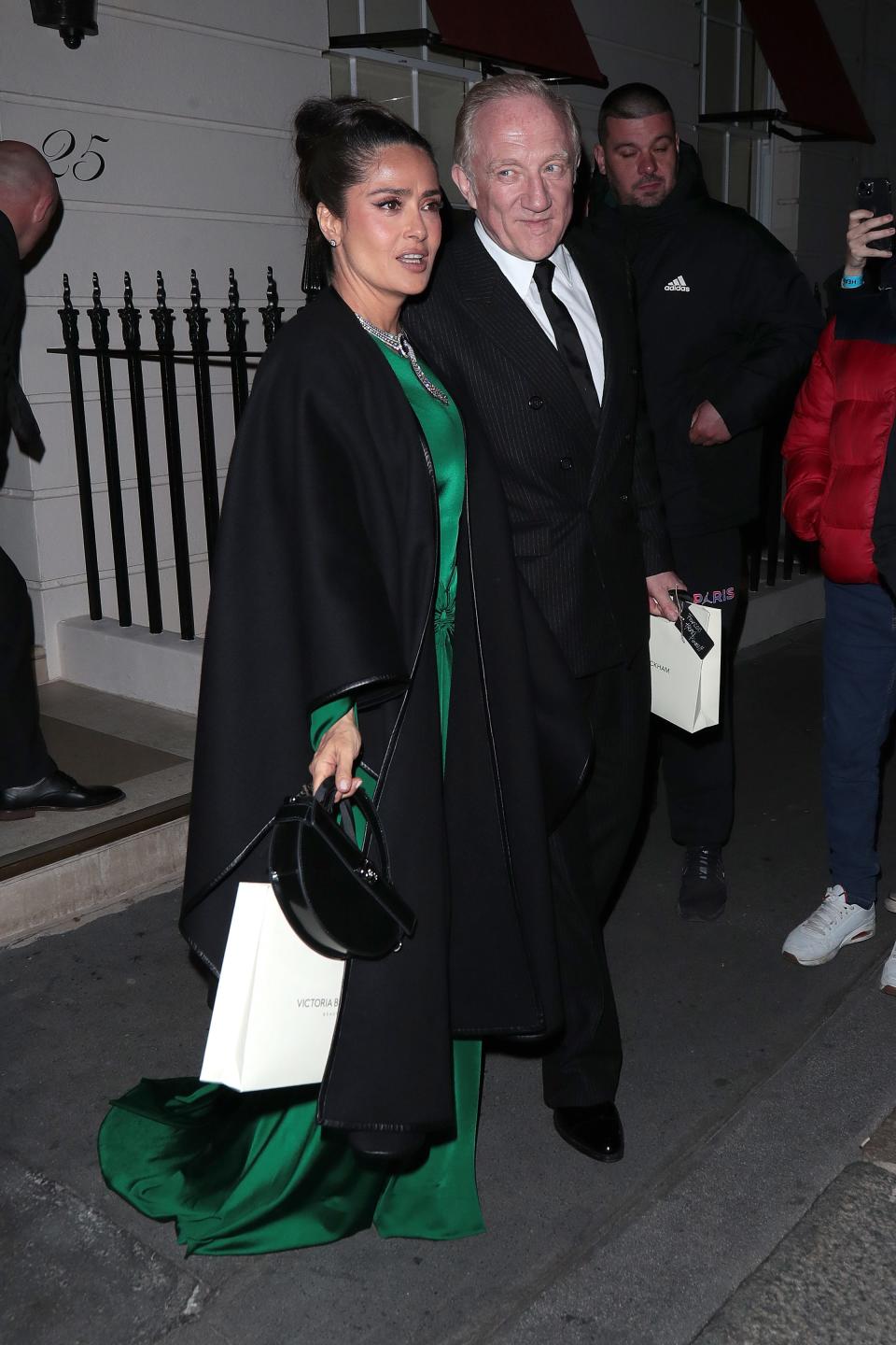 Salma Hayek and François-Henri Pinault attend Victoria Beckham's 50th birthday party on April 20, 2024.