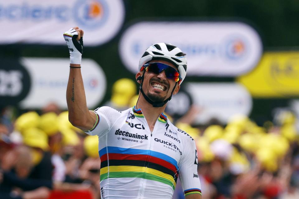 <p>The 2021 Tour de France got off to a banging start—literally—on Saturday with its opening road stage. The Grand Depart in Brittany, with its small roads and sharp climbs, was always going to be nervous, but Stage 1 was most notable for two huge crashes in the last third of the stage.</p><p>The first, <a href="https://twitter.com/Jasperstuyven/status/1408817818854998017" rel="nofollow noopener" target="_blank" data-ylk="slk:caused by a heedless fan who held a cardboard sign in front of the riders;elm:context_link;itc:0;sec:content-canvas" class="link ">caused by a heedless fan who held a cardboard sign in front of the riders</a>, brought down roughly a third of the field. The second, a touch of wheels at high speed with less than 10km to go, took out almost as many and upset many teams’ plans for the final climb to the finish at Landerneau. Amazingly, only three riders failed to finish, but any number are banged up.</p><p><strong>Who’s winning the Tour?</strong></p><p>World Champion Julian Alaphilippe (Deceuninck-Quick Step) was both smart and lucky enough to avoid both wrecks, and took the stage win and the race’s first yellow jersey with a bold attack from more than 2km out on the climb. Other riders, sensing he’d gone too soon, hesitated to follow, but Alaphilippe’s jump worked perfectly and he soloed in for the win eight seconds ahead of the chase, led by BikeExchange’s Michael Matthews. That’s key: with bonus seconds for his victory, Alaphilippe is 12 seconds clear of anyone else in the overall standings. It might not sound like much, but for a rider of Alaphilippe’s formidable abilities it’s an eternity, and barring crashes—fingers crossed—he should easily defend the lead at least until the first time trial on Stage 5.</p><p><strong>Who’s <em>not</em> winning the Tour?</strong></p><p>Israel Start-Up Nation. ISN entered the Tour with high hopes on several levels. Dan Martin was an ideal stage-win hope for Stages 1 and 2, while Michael “Rusty” Woods was in excellent shape and aiming for a high overall finish. The team was heavily impacted by the day’s crashes, however, with several riders, including four-time Tour winner Chris Froome and sprinter Andre Greipel, going down hard (Froome was slow to get up and grimaced as he was examined by medical staff). The team’s top finisher was Guillaume Boivin, more than a minute down. Woods crossed the line nearly nine minutes back, his hopes for the general classification completely shredded almost before the race is underway. And Froome and several others were among the stage’s final finishers, which suggests they’re pretty banged up. We’ll be unsurprised if there are a couple of did-not-starts on the results sheet for Stage 2.As the well-worn saying goes, you don’t win the Tour on the first day, but you sure can lose it. Several other GC hopefuls (Movistar’s Miguel Angel Lopez of Movistar; Guillaume Martin of Cofidis, and Richie Porte of INEOS) also saw serious time losses, but it’s hard to think of a team that saw its Tour hopes more thoroughly destroyed than ISN.</p>