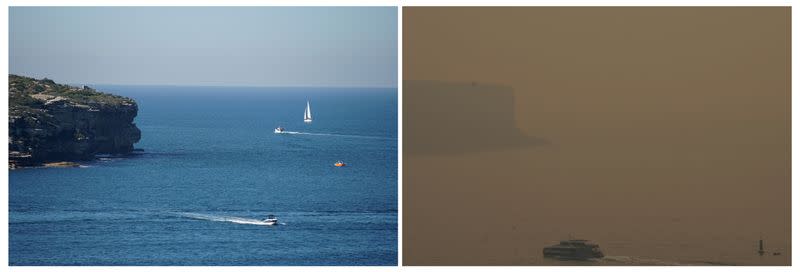 Combination photo shows boats North Head at Sydney Harbour and smoke from bushfires obscuring North Head at Sydney Harbour