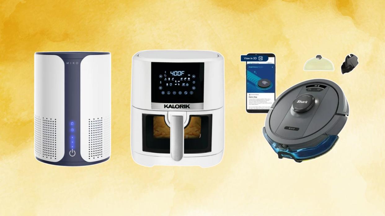  Walmart home appliances including a white air purifier, white single drawer airfryer and round gray robot Shark vacuum on a yellow background fading left to right. 