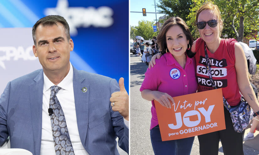 Left: Oklahoma Gov. Kevin Stitt, the Republican incumbent, spoke at the Conservative Political Action Conference in Texas in August. (Getty Images) Right: Oklahoma Superintendent Joy Hofmeister, left, the Democratic nominee for governor, met with supporters during a parade on Oct. 1 in Oklahoma City.
